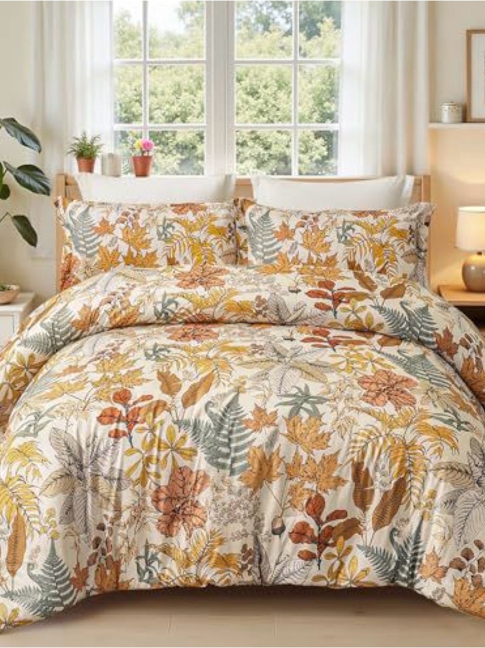 Floral Fern Print Comforter Set in Cream and Tan - Unbranded